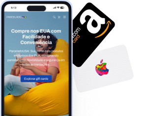 mockup de um celular com o site da ParceladoUSA, com um gift card da amazon e da apple atrás do celular